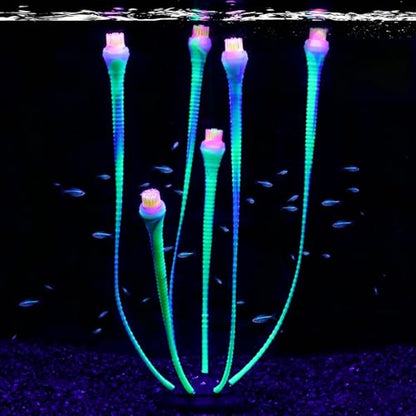 Aquarium Coral Plant Ornaments with Glowing Effect, Silicone UV Reactive Fish Tank Decorations, Soft Artificial Aquarium Plants Safe for Freshwater & Saltwater Fish Tank (Green)