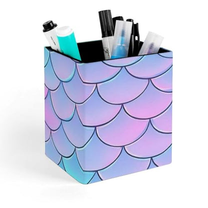 Women's Pen Cup Pencil Holder Makeup Brush Storage Beautiful Mermaid Fish Scale Leather Desk Organizer