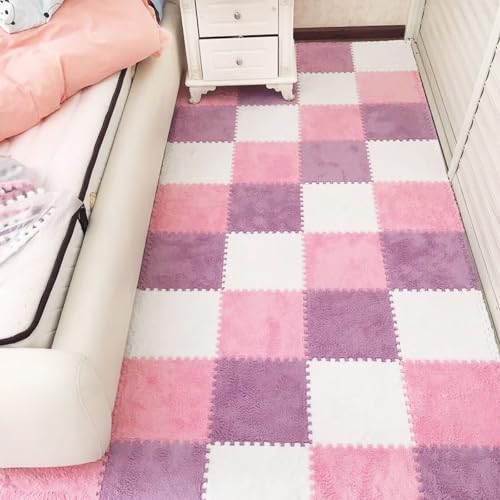 12pcs Plush Puzzle Foam Floor Mat (Pink&White&Light Purple) - color: Pink&white&light Purple