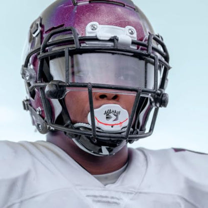 SLEEFS Classic Football Mouthguard with Bold Designs and Removable Strap - color: Ha Ha Ha Red Smile White
