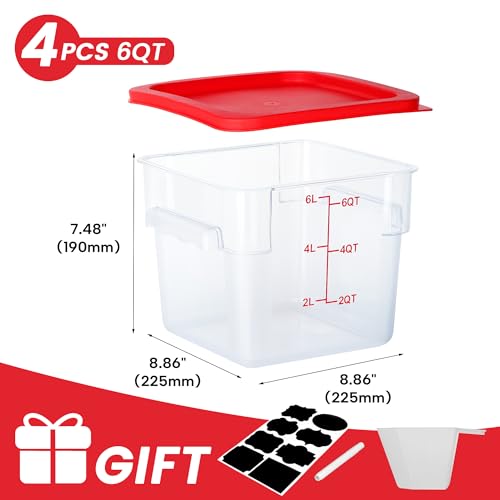 4 Pack Food Storage Containers, 6 Quart with Lids, Square Commercial Containers with Scale, NSF, Polycarbonate, Clear
