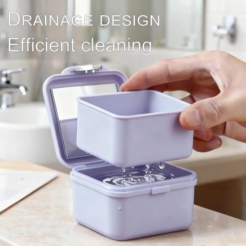 Denture Bath Case, Denture Soaking Container Denture Cup Soaking Holder Mouth Guard Denture Box Denture Baths Cleaning with Lid Retainer Case （Purple） - color: pruple