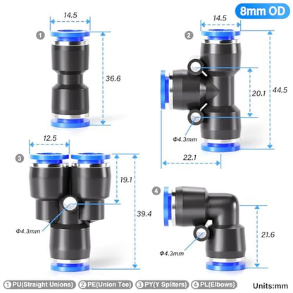TAILONZ PNEUMATIC 5/16 inch or 8mm od Push to Connect Fittings Pneumatic Fittings Kit 10 Spliters+10 Elbows+10 tee+10 Straight (40 pcs)