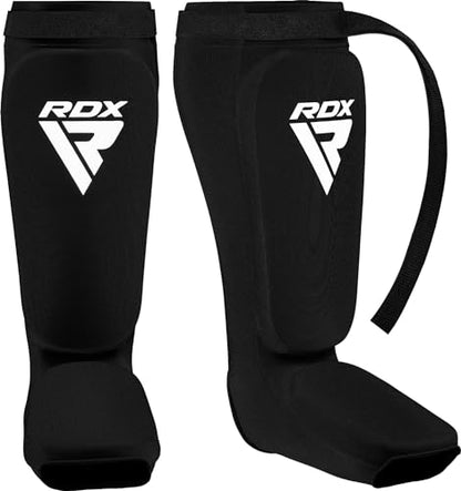 RDX Shin Guards Kickboxing Muay Thai, SATRA Approved, MMA Leg Instep Protection Pads, Sparring Training Martial Arts Boxing, Elasticated Padded Protector, Karate BJJ Taekwondo Gear, Men Women - color: Black, size: Medium