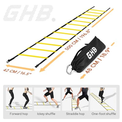GHB Pro Agility Ladder Agility Training Ladder Speed 12 Rung 20ft with Carrying Bag - color: Yellow-2 Pack