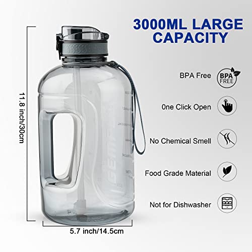 GEMFUL 3L Water Bottle with Measurements & Straw 100oz Leakproof Jug (Grey) - color: Grey, size: 101.4 Ounces