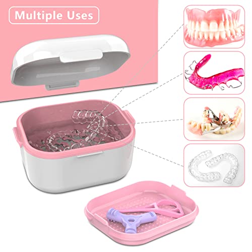 Denture Case with Mirror, Leakproof Retainer Box with Strainer Basket - color: White Pink