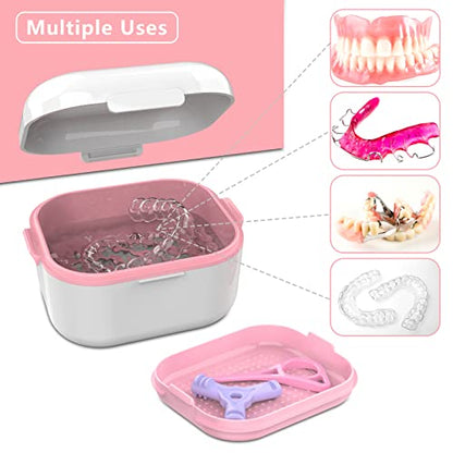 Denture Case with Mirror, Leakproof Retainer Box with Strainer Basket - color: White Pink