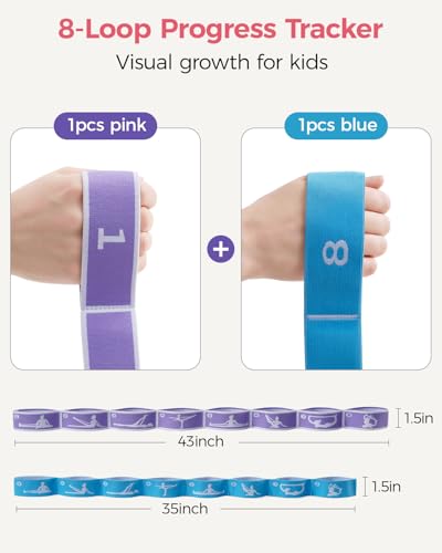 2 PCS Stretch Strap for Kids Gymnastics Multi-Loop Elastic Strap for Ballet, Latin, Dance, Yoga, Children Flexibility Training & Exercise Resistance Yoga Band- 8 Loops - color: Blue&Purple