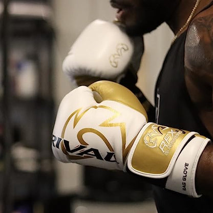 RIVAL Boxing RFX-Guerrero-V Bag Gloves, Multi-Layered Inner Foam Padding (HDEF), Premium Leather, Wrist Lock 2 System - color: White/Gold, size: 8 oz.