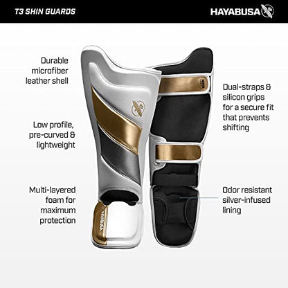 Hayabusa T3 Striking Shinguards - Men and Women | MMA Protection, Muay Thai Kickboxing, Sparring Pads, Martial Arts Gear, Adjustable Straps, Impact Padding, Elastic Fit - color: White/Gold, size: Medium