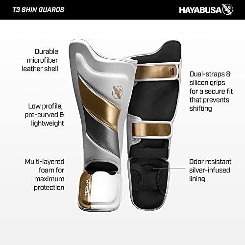 Hayabusa T3 Striking Shinguards - Men and Women | MMA Protection, Muay Thai Kickboxing, Sparring Pads, Martial Arts Gear, Adjustable Straps, Impact Padding, Elastic Fit - color: White/Gold, size: Large