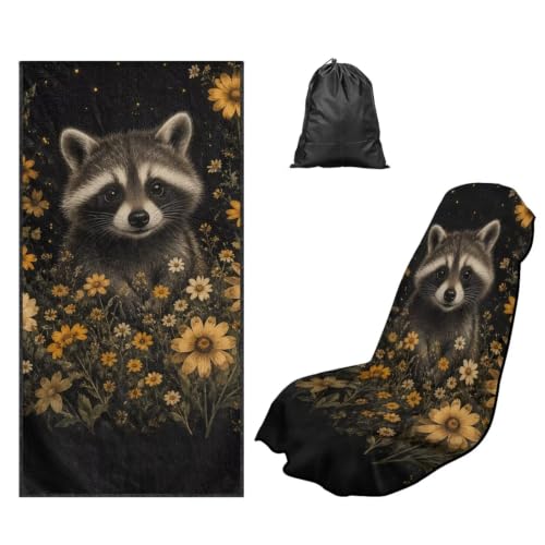 Raccoon Flower Print Car Seat Towel Cover After Gym Bucket Seat Towel Cover Universal Fits Most Car,Truck and SUV Multi-Purpose Sweat Towels with Storage Bag, Black - color: Black-Raccoon Flower