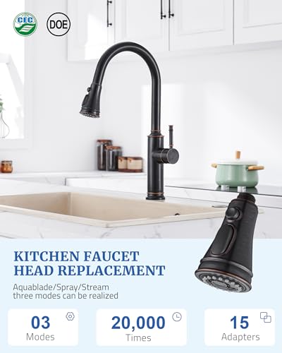 Kitchen Faucet Replacement Spray Head - with 15 Adapters, Pull Down Faucet Sprayer with 3-Function Nozzle, Oil-Rubbed Bronze, Kitchen Sink Faucet Head Replacement