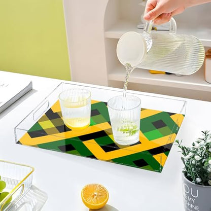 Acrylic Tray Clear Serving Vanity Ottoman Bathroom Coffee Table Countertop Organizer Raised Edge Spill Proof Jamaican Plaid Green Yellow - color: Jamaican Plaid Green Yellow