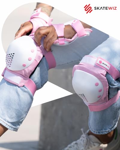 SKATEWIZ Skateboard Pads Protective Gear Set for Kids and Adults - Smash - Roller Skate Pads [6pc] with Wrist Guards - Skating Protective Gear - Roller Derby - color: Pink White, size: L - Teens/Adults