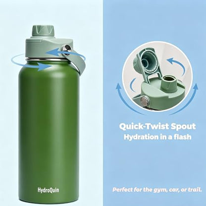 32 oz Insulated Water Bottle Olive Green Stainless Steel Flask - color: Olive Green