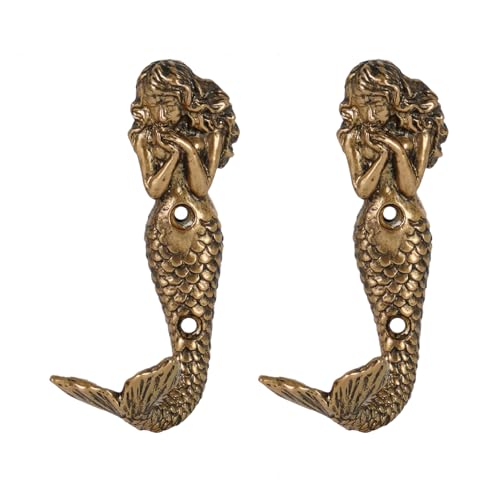 SOFFEE DESIGN 2pcs Gold Mermaid Shape Metal Wall Coat Hooks, Beach Decoration Wall Mounted Hanging Racks Coat Hooks for Keys, Towels, Clothes, Scarf, Bag - color: Gold Praying Mermaid