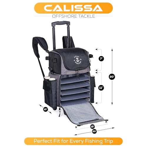 Calissa Offshore Rolling Fishing Tackle Box with Wheels, Waterproof Fishing Backpack with Rod Holders Storage Bag Roller