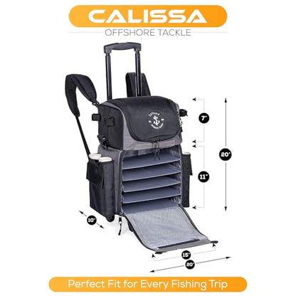 Calissa Offshore Rolling Fishing Tackle Box with Wheels, Waterproof Fishing Backpack with Rod Holders Storage Bag Roller