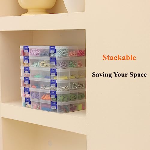 6 Pack Fixed 12 Grids Clear Plastic Storage Divider Box with Lid, Stackable Transparent Compartment Container Organizer Case for Seed Bead, Tiny Button, Small Parts, Art&Craft Supplies