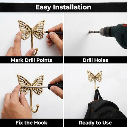 Indian Shelf Solid Brass Butterfly Wall Hooks Gold Coat Hangers Pack of 3