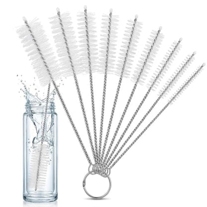 Mini Straw & Pipe Cleaning Nylon Brushes | 10 Brush Set | 8 inch Length | Flexible, Non-Scratch, Rust-Resistant Steel Handle | Reusable Straws, Pipes, Tubes, Mini Bottles etc