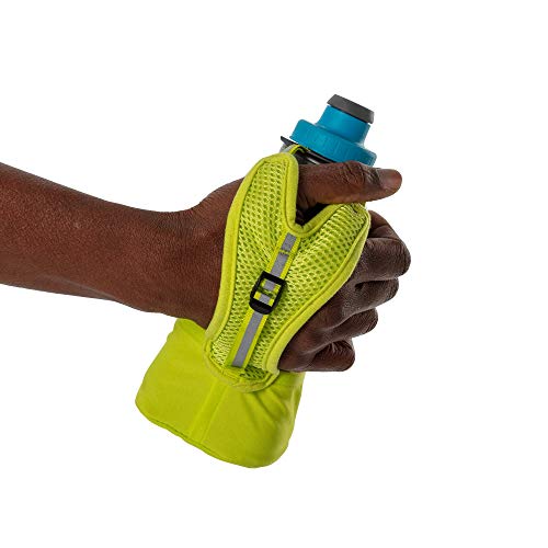 Nathan Running Handheld Water Bottle Adjustable No-Grip Quick Squeeze Lite Hand Strap. Reflective Hydration - color: Finish Lime / Blue Me Away, style: 12oz Insulated