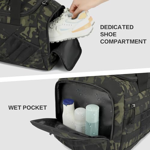 3-in-1 Tactical Gym & Travel Duffle Bag Backpack Men Multi-Functional 45L Military Sports Duffle Bag with Shoe Compartment & Wet Pocket for Workout Weekender Overnight Bag with Molle Webbing, Camo - color: Camo