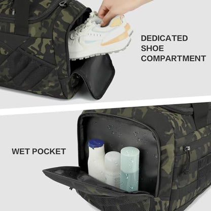 3-in-1 Tactical Gym & Travel Duffle Bag Backpack Men Multi-Functional 45L Military Sports Duffle Bag with Shoe Compartment & Wet Pocket for Workout Weekender Overnight Bag with Molle Webbing, Camo - color: Camo