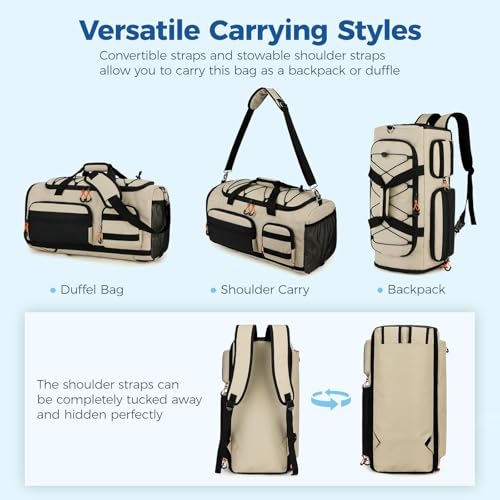 Searock 45L Gym Bag for Men, 3-In-1 Duffle Bag Backpack for Travel - color: Khaki