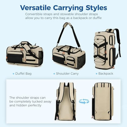 Searock 45L Gym Bag for Men, 3-In-1 Duffle Bag Backpack for Travel - color: Khaki
