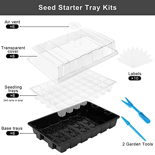 Elcoho 6 Pack Seed Starter Tray Kit 40 Cells Seedling Trays with Humidity Dome and Base Mini Propagator Plant Nursery Pots Total 240 Cells for Greenhouse Plants Growing, Black - color: Black