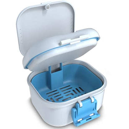 BVN Denture Case with Strainer, Leak Proof Denture Soaking Box | Portable Dental Cup with Storage Compartment, Magnetic Lid & Ventilation Design for Dentures, Retainers and Braces - color: White+blue