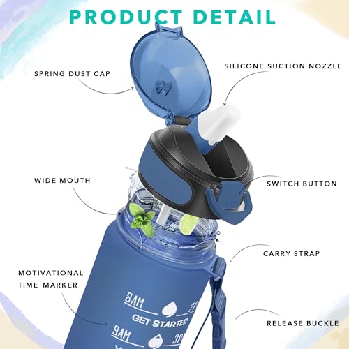 Enerbone 32 oz Water Bottle with Times to Drink and Straw, Motivational Drinking Water Bottles with Carrying Strap, Leakproof BPA & Toxic Free, Ensure You Drink Enough Water for Fitness Gym Outdoor - color: Sapphire