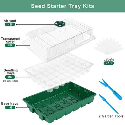Elcoho 6 Pack Seed Starter Tray Kit 40 Cells Seedling Trays with Humidity Dome and Base Mini Propagator Plant Nursery Pots Total 240 Cells for Greenhouse Plants Growing, Green - color: Green