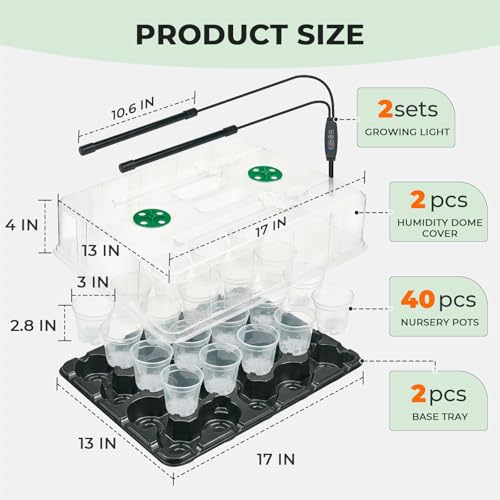 3 Inch Seed Starter Trays 2 Pack,20-Cell Seedling Starter Trays with Grow Light/Humidity Dome/3" Nursery Pots 40 Pcs,Planting Trays for Seedling,Plastic Germination Kit for Growing - size: 3 Inch, style: 2 Pack Tray+Pots+Dome+Grow Light