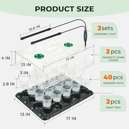 3 Inch Seed Starter Trays 2 Pack,20-Cell Seedling Starter Trays with Grow Light/Humidity Dome/3" Nursery Pots 40 Pcs,Planting Trays for Seedling,Plastic Germination Kit for Growing - size: 3 Inch, style: 2 Pack Tray+Pots+Dome+Grow Light
