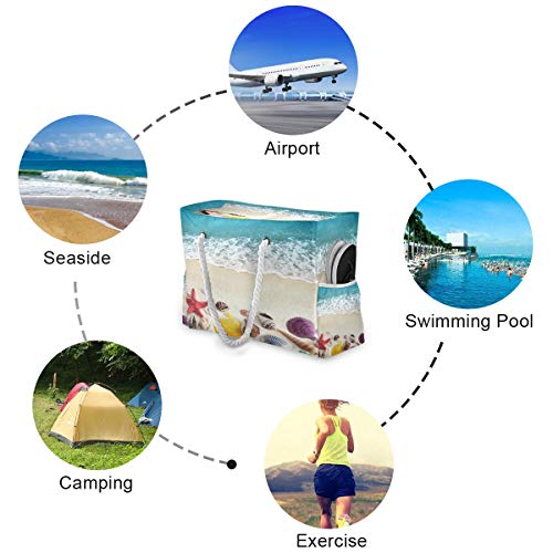 senya Large Beach Bags Totes Canvas Tote Shoulder Bag Soft Wave Water Resistant Bags for Gym Travel Daily Ocean - color: Sea Shells on Beach