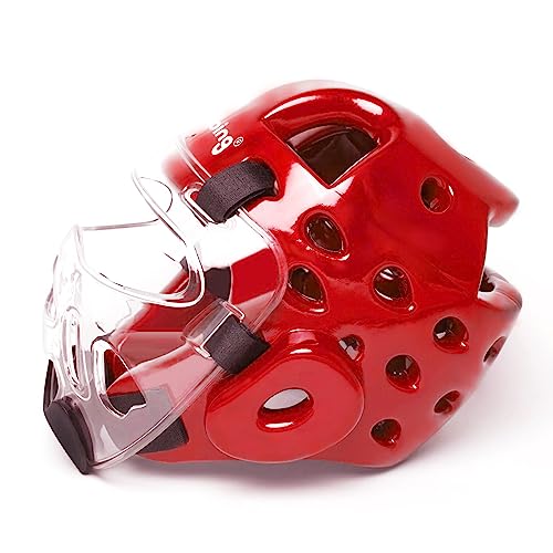 Kids Adults Karate Headgear, with Removable PC Face Shield Eva High-Density Foam Taekwondo Helmet Multiple Vents for Sparring Grappling Muay Thai Kickboxing MMA Karate Taekwondo Training - color: red, size: Medium