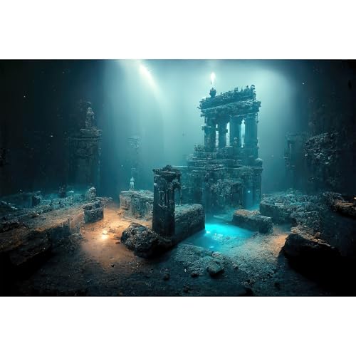 Fantasy Lost Underwater City Aquarium Background Misty Ancient Temple Stone Columns Fish Tank Background Under Water Magical Foggy Ruined Atlantis Buildings Reptile Tank Enclosure Backgrounds 48x24in - color: Light Blue, size: 48(W)x24(H)inches/ 120(W)*60