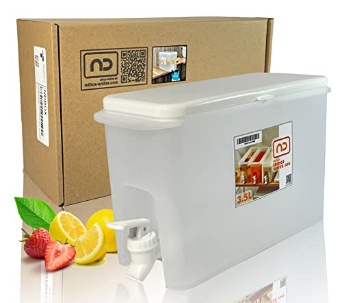 NDBOX Slim Fridge Jug 0.92Gal or 3.5L with Faucet for Water, Iced Tea, Fruit Juice, Softdrinks, Milk, Beverages Dispenser - Hot or Cold Drinks for Parties - Spacesaver Container (White Jug 1pc)