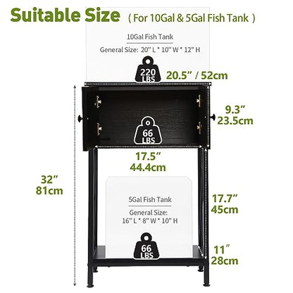 10 Gallon Fish Tank Stand with Cabinet, Double Aquarium Stand for 10 & 5 Gallon Fish Tank, Heavy Metal Stand with Stable Structure, Adjustable Table Feet & Anti-tilt Device - Black