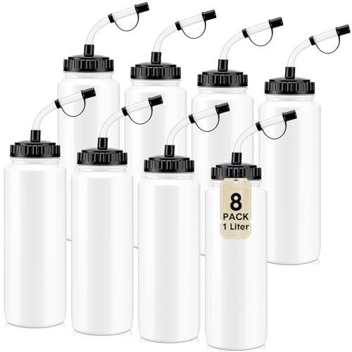 8 Pack Hockey Water Bottles 1 Liter Easy Squeeze Plastic 34 oz Sports Water Bottles with Long Straws for Hockey, Lacrosse, Football, Soccer, Baseball, Gym Sports Helmets(White) - color: White