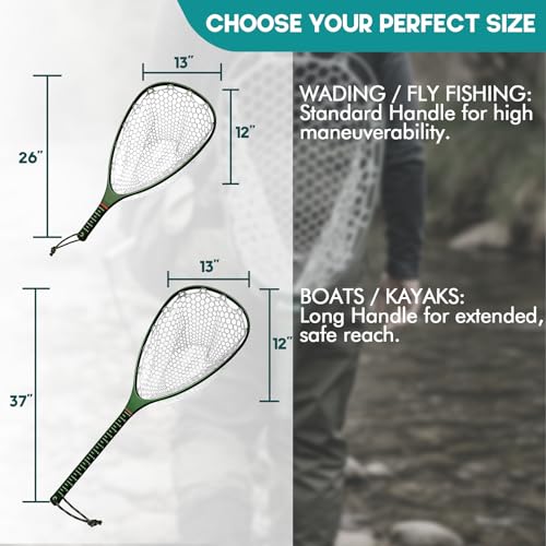 Riverruns Fly Fishing Landing Net Carbon Fiber Trout Net with Measurement Handle, Soft Rubber Mesh - 26" Standard (Wading) / 37" Long (Kayak) - color: 26" Wading Net (Standard) - Green Carbon