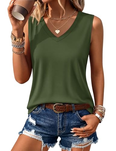 YUCOLEN Women's Tank Tops Loose Fit V Neck Summer UPF 50+ Flowy Curved Hem Basic Casual Sleeveless Tops - color: Armygreen, size: Small