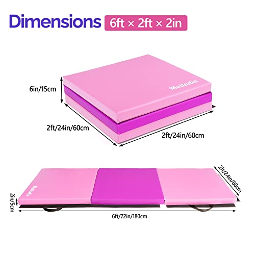 Matladin 6' Folding Tri-fold Gymnastics Gym Exercise Aerobics Mat, 6ft x 2ft x 2in PU Leather Tumbling Mats with Hook & Loop Fastener for Stretching Yoga Cheerleading Martial Arts - color: Purple&Pink