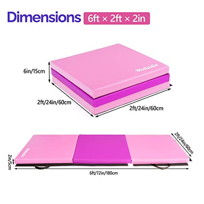 Matladin 6' Folding Tri-fold Gymnastics Gym Exercise Aerobics Mat, 6ft x 2ft x 2in PU Leather Tumbling Mats with Hook & Loop Fastener for Stretching Yoga Cheerleading Martial Arts - color: Purple&Pink
