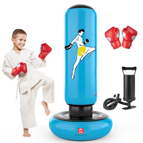 QPAU Inflatable Punching Bag for Kids with Boxing Gloves, 66 in, Blue