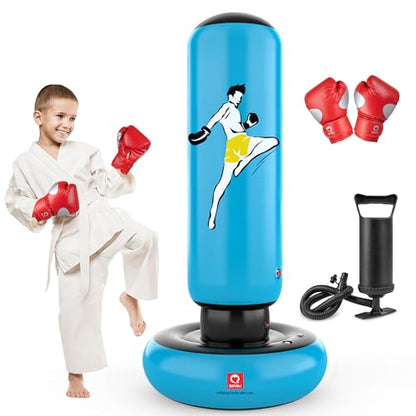 QPAU Inflatable Punching Bag for Kids with Boxing Gloves, 66 in, Blue